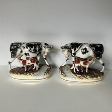 Pair of Antique Victorian Staffordshire Pottery Cow & Calf Figurine Ornament