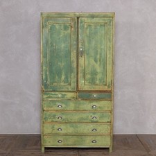VINTAGE DISTRESSED GREEN PAINTED PINE TALL STORAGE CUPBOARD