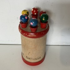 Vintage 'Mr Barman' Wooden Cocktail stick Set Handpainted Wood Kitsch Christmas