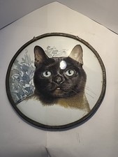 Vintage Monika Heller Burmese Cat Portrait On Clear Round Glass Lead Framed Art