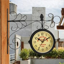 Vintage Garden Wall Clock Metal Double Sided Clock with Station Bracket Outdoor 