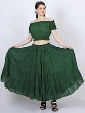 Women's 12 Yard Cotton 4 Tier Belly Dance Flamenco Gypsy long Skirts (Green)