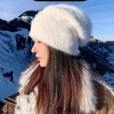 Luxury Soft Rabbit Fur Beanie – Fluffy Knitted Winter Warm Hat for Women
