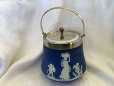 Vintage Wedgewood Jasperware Cobalt Blue Biscuit Barrel Jar With Lid