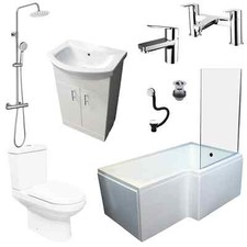 Shower Bath Suite L Shaped Right Hand Inc Vanity Unit Toilet Bath Screen & Taps