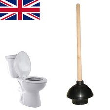 Large Toilet Plunger With 46cm Heavy Duty Long Wooden Handle 14cm Wide Rubber UK