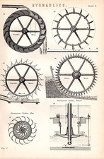 1880 PRINT ~ HYDRAULICS ~ WATER WHEELS ~ OVERSHOT ~ FOURNEYRON'S TURBINE SECTION
