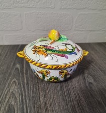 Vintage Hand Painted Italian Deruta Pottery Lidded Pot with mythical creatures. 