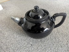 Vintage Black Ceramic 2 Pint Teapot With Metal Spout