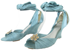 CLARKS SIZE 4.5 WOMENS BLUE GREEN OPEN TOE ANKLE TIE STRAPS SANDALS WEDGES SHOES