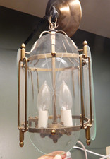 VINTAGE HANGING HALL LIGHT WITH 4 BEVELED GLASS PANELS IN THE STARBURST PATTERN