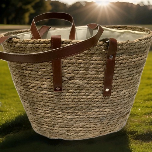 Straw tote bag with brown - with,