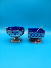Vintage Colbolt Blue Glass Sugar Bowl and Jam Pot EPNS? Unmarked