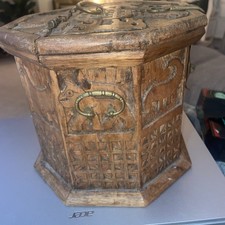 Folk Art Carved Wooden Lidded Wooden Ten Sided Valet Box Brass Hinge Handle