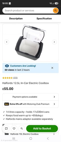Halfords 12v cooler - box, 12lt