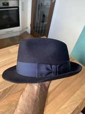 Christys’ London Classic Trilby 100% Fine Fur Felt Navy Hat With Red Silk Lining