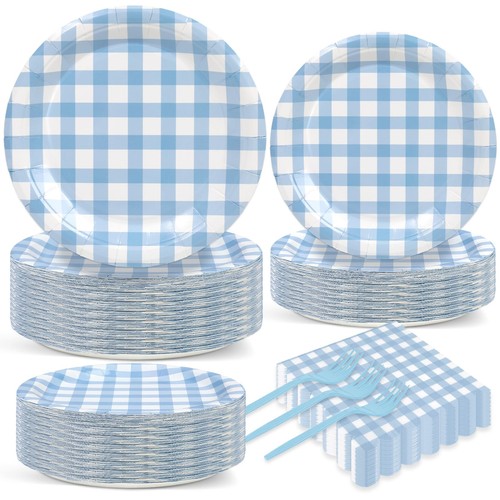 200 pcs blue plaid tableware - blue,