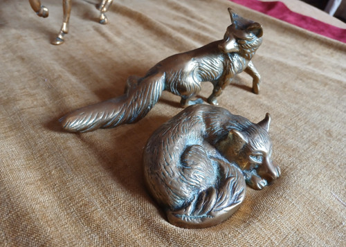 Pair solid brass foxes - brass,