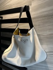 PRADA White and Black Leather Large Slouch Tote Bag Genuine Excellent Condition
