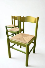 Vintage beech and rush dining chairs with original green lacquer finish