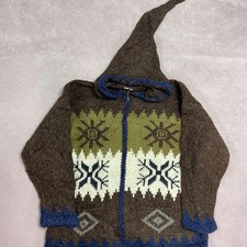 Vintage Knitted Hoodie Abstract Patterned Zip Up Chunky Knit Jacket Women's M