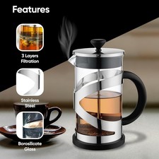 Coffee Maker Glass Stainless Steel Cafetiere French Filter Plunger 600ml / 6-cup