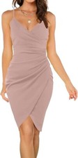 Womens Dress UK  14 16 Nude Spaghetti Strap Wrap Ruched Crossover Bodycon