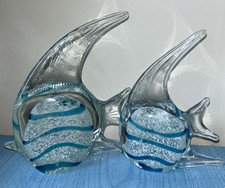 Blown Glass Art, Angel Fish Aqua Blue Paperweight Murano Style Heavy Pair
