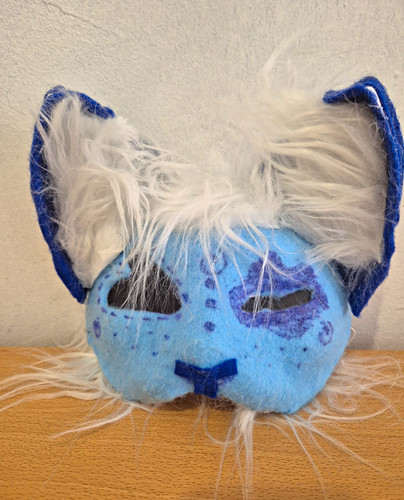 Blue felt cat mask white - blue, faux