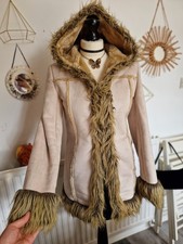 Jane Norman vintage Y2K beige faux fur trim Afghan coat with hood size 8