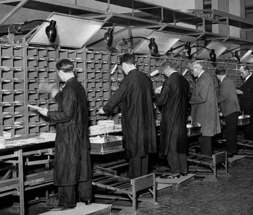 Mail sorting office 1955 - mail,