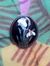 Vintage 1980s Black Enamel Brooch. Snowdrops. Flowers. Sustainable. Gift Wrapped