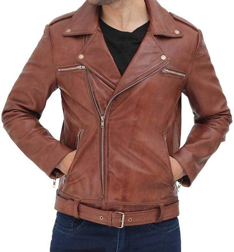 Men brown leather motorcycle - brown,
