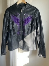 Genuine Black Leather Jacket With Beautiful Purple Phoenix Design Size M/L