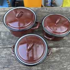 Vintage Brown White  Enamelware Cooking Pots X3  Argyle Domestic Wares (SOB1)