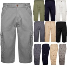 Mens Cargo Shorts 3/4 Combat Chino Utility Pants 100% Cotton Work Long Length
