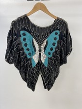 Vintage Sequin Butterfly Top 100 Percent Silk Black Blue Hand Beaded Small