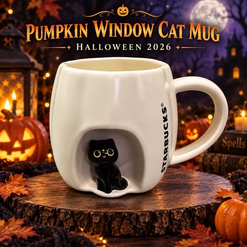 Starbucks pumpkin window cat - starbucks,
