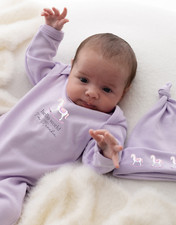 Personalised Hello World Baby grow and hat sleepsuit New Baby Gift Lilac outfit