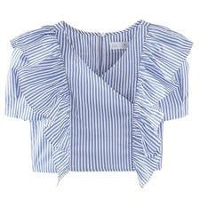 ZARA Girls Ruffled Striped Blue White Nautical Stylish Top Size 13-14 Years NWOT