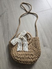 Rattan Handbag with Crochet Bow & Drawstring Bag Inside