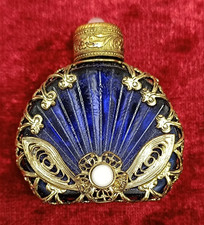 COBALT BLUE GLASS PERFUME BOTTLE GOLD TONE METAL WORK .GLASS DABBER.  2" TALL