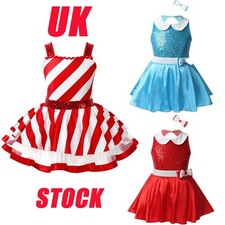 UK Kids Girls Christmas Dance Dress Costume Sleeveless Shiny Skating Outfits