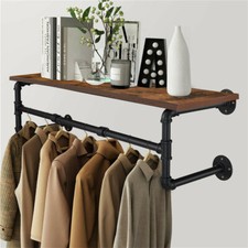 Clothes Rail Wall Garment Hanging Rack Shelf Wardorbe Hooks W/ Wooden Plank