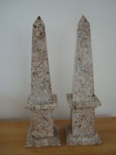 2X Fossilized Marble Obelisk Sculptures H 34.5cm
