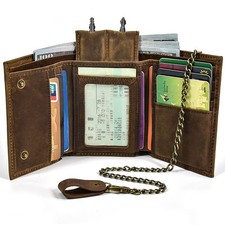 Men Leather Tri-fold Vintage Biker Chain Wallet With Snap Closur CARD Holder