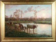 FELIX PLANQUETTE (1873-1964) HUGE SIGNED FRENCH OIL CANVAS - COWS AT SUNSET