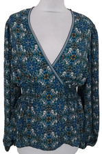 Max Studios Women's Top Size M Blue Mix Floral Stretch Surplice Neck Used F1