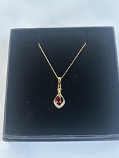 925 Gold Plated Ruby And Diamond Teardrop Necklace New