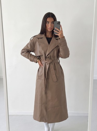 Brown faux leather trench - leather, pu